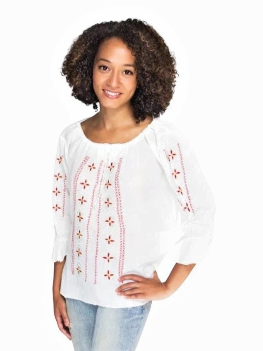 Geeta Bohemian Embroidered Crinkle Cotton Peasant Tunic in White NWT